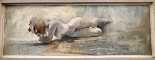 A stylised scene of a prostrate nude, oil on board, signed and dated lower right, Gerald Parkinson