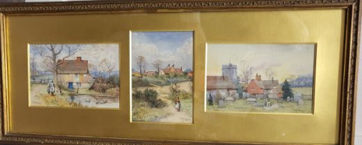A set of three framed watercolours of rural scenes, depicting figures by a cottage at Nutfield, a