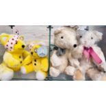 Harvergrang yellow Pudsey Bear 23cm, Asda yellow Pudset Bear 25cm, and two white Teddy Bears 34cm