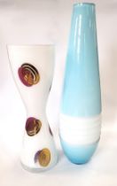 A pale blue and white LSA International glass vase 50cm and a white Rimmington waisted glass vase