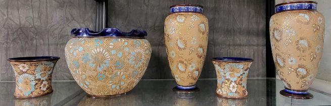 Doulton Lambeth Slaters Patent jardiniere 23cm diameter, pair of vases 25cm, and a pair of beaker