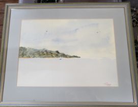 A painting of a yacht on the sea, signed T Wigmore, 2001. Framed and glazed. 55cm x 46cm