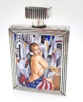 A perfume bottle with enamel pictorial image stamped 800. Approx 8cm x 5cm