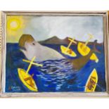 'Whaling' oil painting on board Conway-Jones. 74 x 96, Framed.