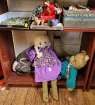 Three Hasbro action man dolls and Bilo model parts, Soft toys including a hobby-horse/ lama,