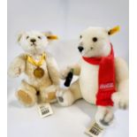 Steiff white Millenium Bear with medal and label 32cm, and a white Coca-Cola Polar Bear with