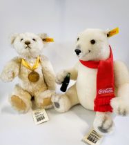 Steiff white Millenium Bear with medal and label 32cm, and a white Coca-Cola Polar Bear with