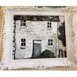 An oil painting of a Welsh cottage, in a decorative frame. 58cm x 71cm.