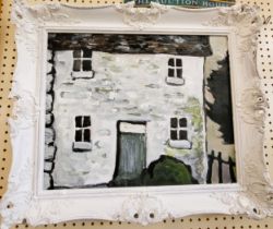 An oil painting of a Welsh cottage, in a decorative frame. 58cm x 71cm.