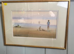 A picturesque image of figures at the seaside, watercolour on paper, signed Stephen Foster 1989,