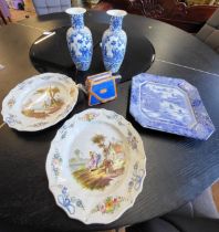 A pair of Chinese blue and white vases 28cm, a blue and white square dish 26cm, an Annie Rowe blue