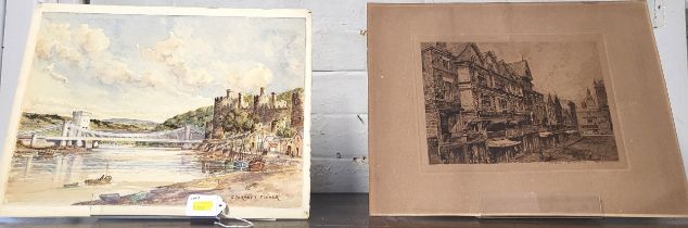 An etching of Chester and a watercolour of Conway Bridge by G. Birkett Fisher, 30 x 38 cm.