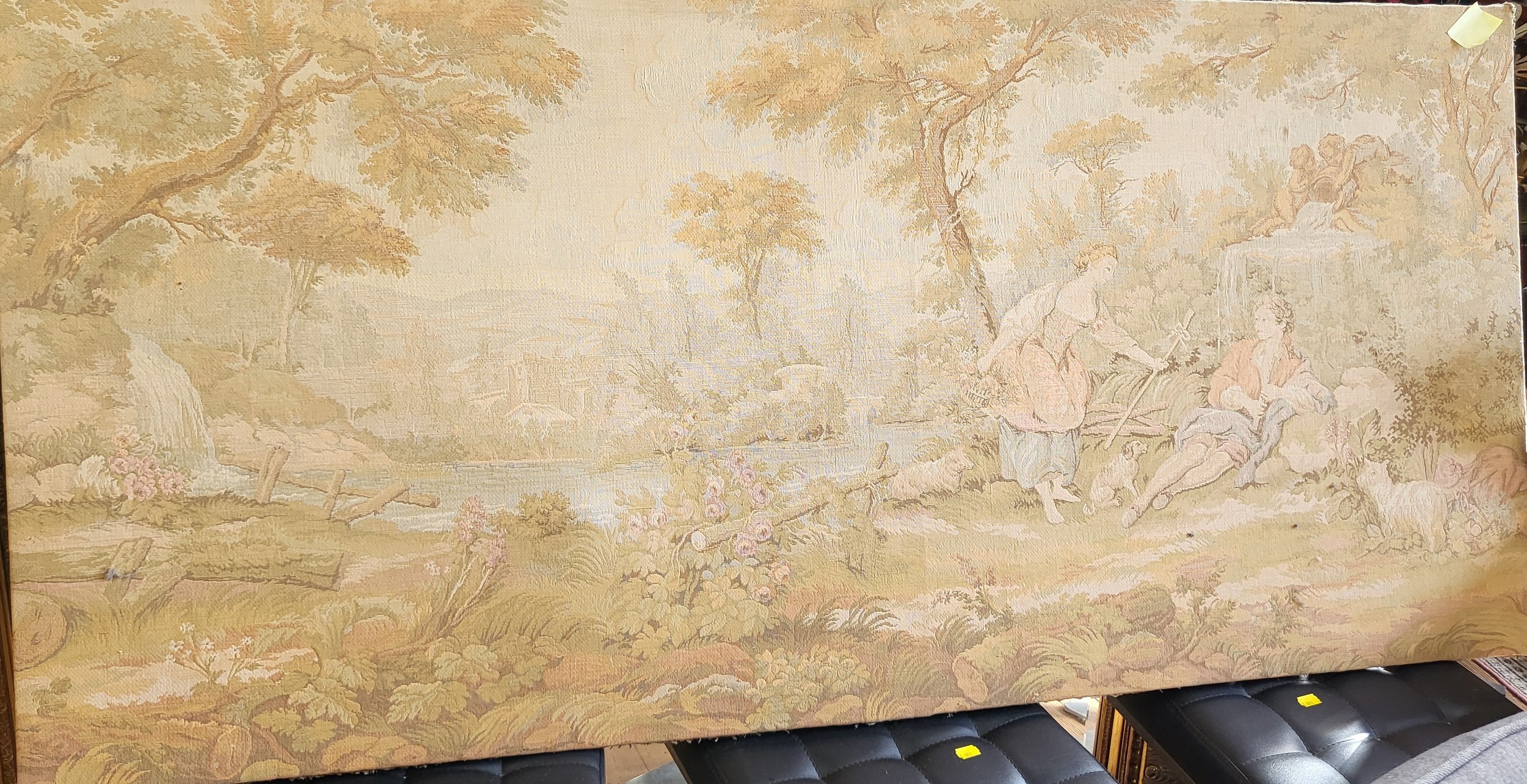 A modern tapestry in the antique style, depicting an idealistic scene of a couple beside a lake.