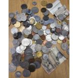 A small quantity of world coins, including UK, American, Italian, and French examples, half