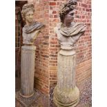 A pair of Classical stone busts (78 x 58 cm) together with a pair of large stone columns /