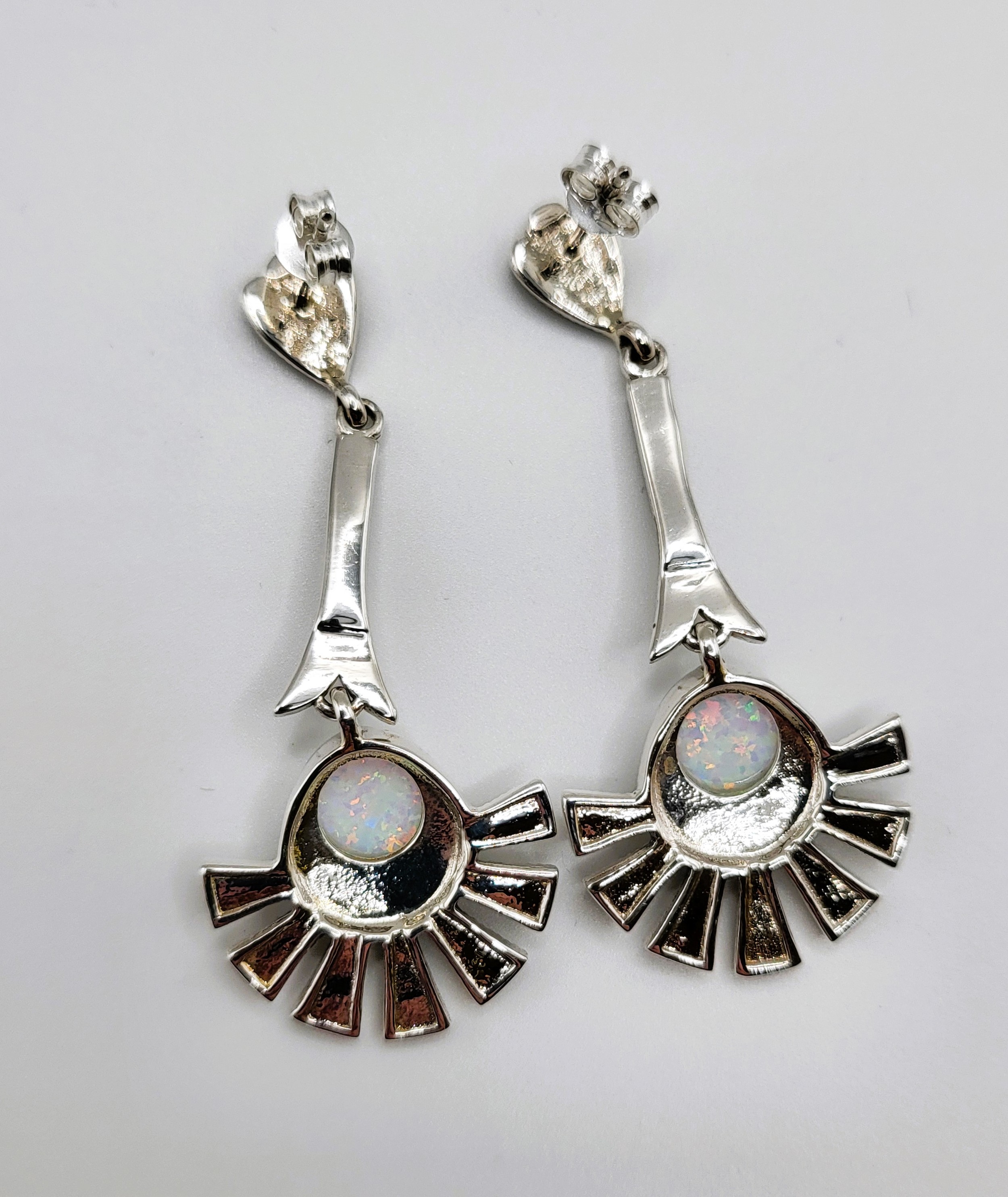 A pair of silver cubic circonia and marcasite fan shaped earrings with opalite panels - Image 2 of 2