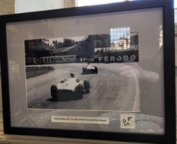 Sir Stirling Moss framed A4 photo 1955 Aintree 1st grand Prix win with signature. 33cm x 43cm.