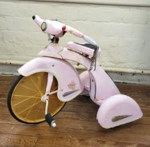 A pale pink children's pedal trike. 63cm x 76cm x 48cm