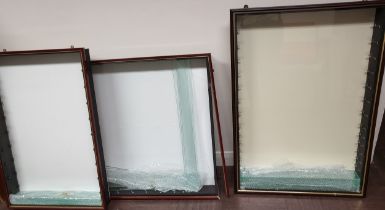 Three wall-mounted display cabinets. 95cm x 64cm x 10cm, 84cm x 56cm x 9cm, and 84cm x 77cm x 9cm (