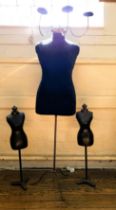 Three mannequins: two papier mache body mannequins, 85cm on stand, one velvet body, 160cm with three
