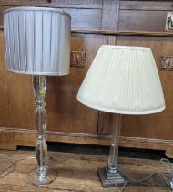 Two crystal stem lamps with modern shades ( 78cm and 69cm) and a silver plate lamp with modern shade