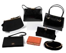 A collection fine quality vintage black bags circa 1950’s, to include an Asprey London patent