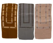Three Cassandra Paris silk scarves All of the same design in three muted shades 120cm x 29cm For