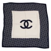 A Chanel square scarf, classic in design Navy and cream. 100% silk. Circa 87cm x 87cm. Good