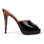 Black patent leather, peep toe Christian Louboutins, Paris (made in Italy), with a five inch heel