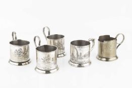 Five Russian silver plated cup holders, one relief decorated with views of Leningrad, and three with