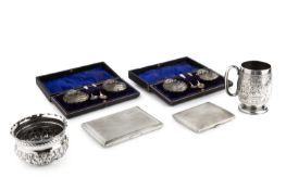A small collection of silver, comprising a late Victorian christening mug with foliate scroll