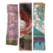 A Jean Dessès, Paris silk scarf in shades of gold, turquoise, white, blue and purple (77cm x