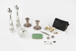 A pair of gilt metal, white guilloche enamel and mother o'pearl opera glasses, by E. B. Meyrowitz,