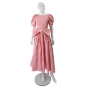 A vintage classic Laura Ashley, floral pink and white dress with puffed sleeves, back button