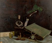 Alan Chisholm (20th Century) Still life with knife and book oil on board 50 x 61cm; and another