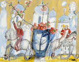 Lydia Corbett (b.1934) Flowers and Riders signed and dated (lower right) watercolour 39 x 49cm.