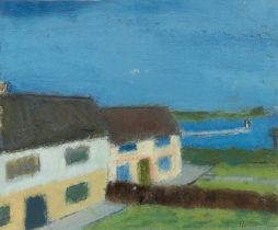 Bob Bourne (1931-2021) Houses by the Estuary signed and dated (lower right) oil on board 21 x 25cm.