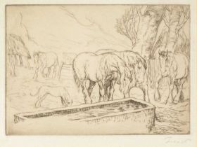 Anton Lock (1893-1970) Horses and Dog signed in pencil (in the margin) etching
