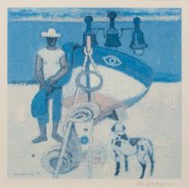 Alberto Morrocco (1917-1998) Figure with dog on the beach print in colours, pencil signed in the