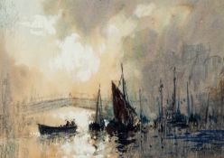 Robert Leslie Howey (1900-1981) Boating Scene with Bridge signed (lower right) watercolour