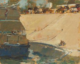 Tom Coates (1941-2023) Boat Moored on the Nile, Egypt signed with initials (lower right) oil on
