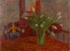 Fred Dubery (1926-2011) Flowers and a Chair signed with initials (lower left) oil on board 30 x