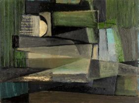 Anthony Curtis (1928-2018) City Twighlight, circa 1955 oil on board 38 x 52cm. Anthony Curtis was an