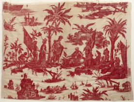 A late 18th century French Toile de Jouy fabric panel with monochrome copper-plate printed in red