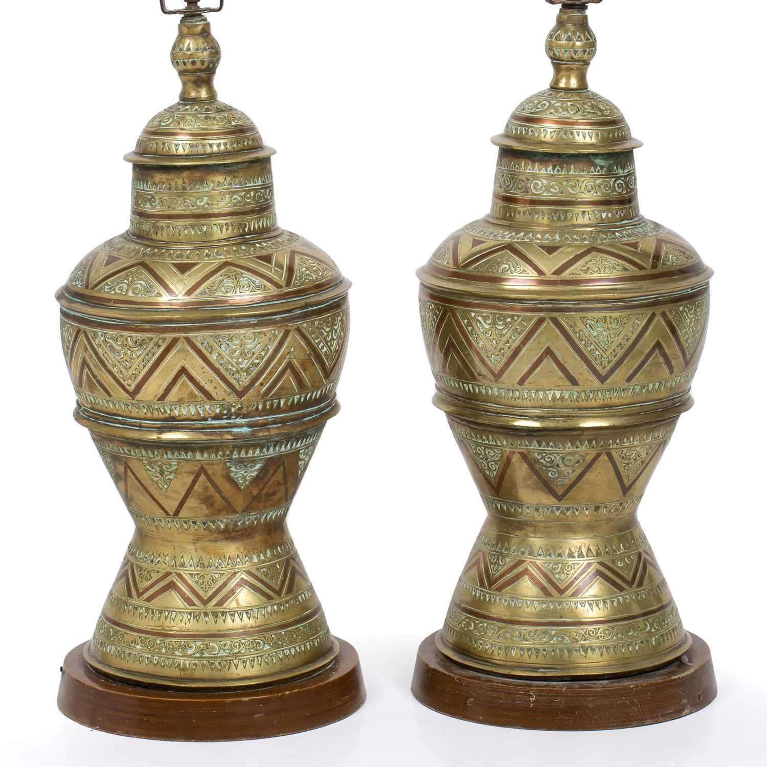 A pair of 19th century eastern brass and copper inlaid lamp bases 27cm wide 60cm high later - Image 2 of 3