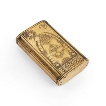A Late 18th early 19th century Masonic bone snuff box of rectangular form with masonic symbols. 5.