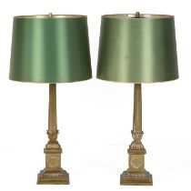 A pair antique gilt metal table lamps of square column form and stepped bases 16cm wide 58cm high