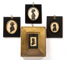 Four 19th century painted portrait silhouettes all mounted in frames the largest 10cm x 8cm. (4)