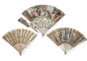 An 18th century French mother of pearl fan with a painted scene 26.5cm in length and two 19th