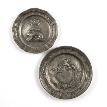 An Antique French/Flemish pewter plate with dragon and crown 18.5cm and another decorated with